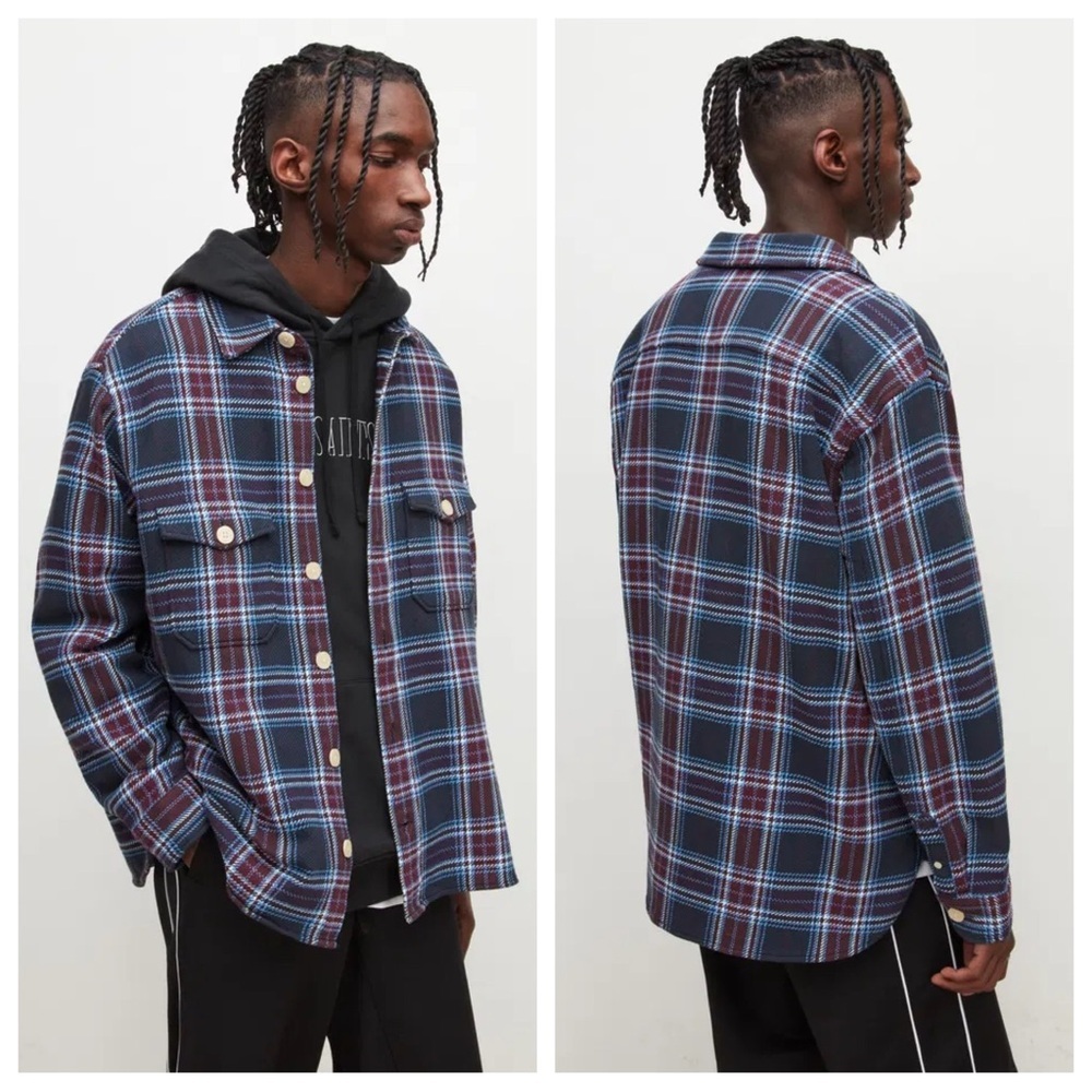 All Saints Men’s Kitazawa Check Overshirt Long Sleeve Top Thick Knit Button-Up